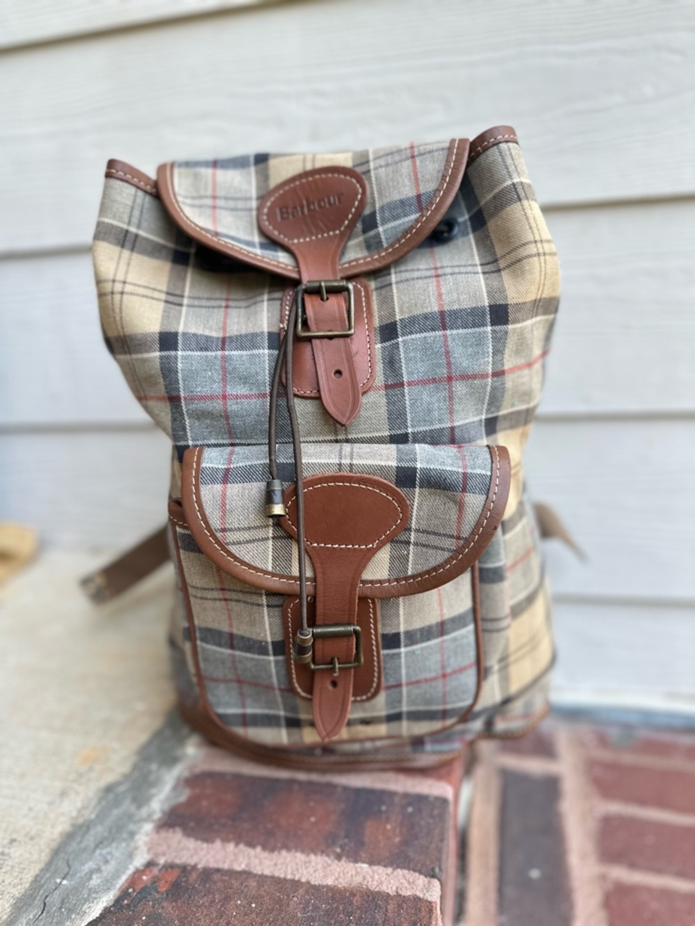 Barbour Beige, Brown & Navy Plaid Canvas Backpack